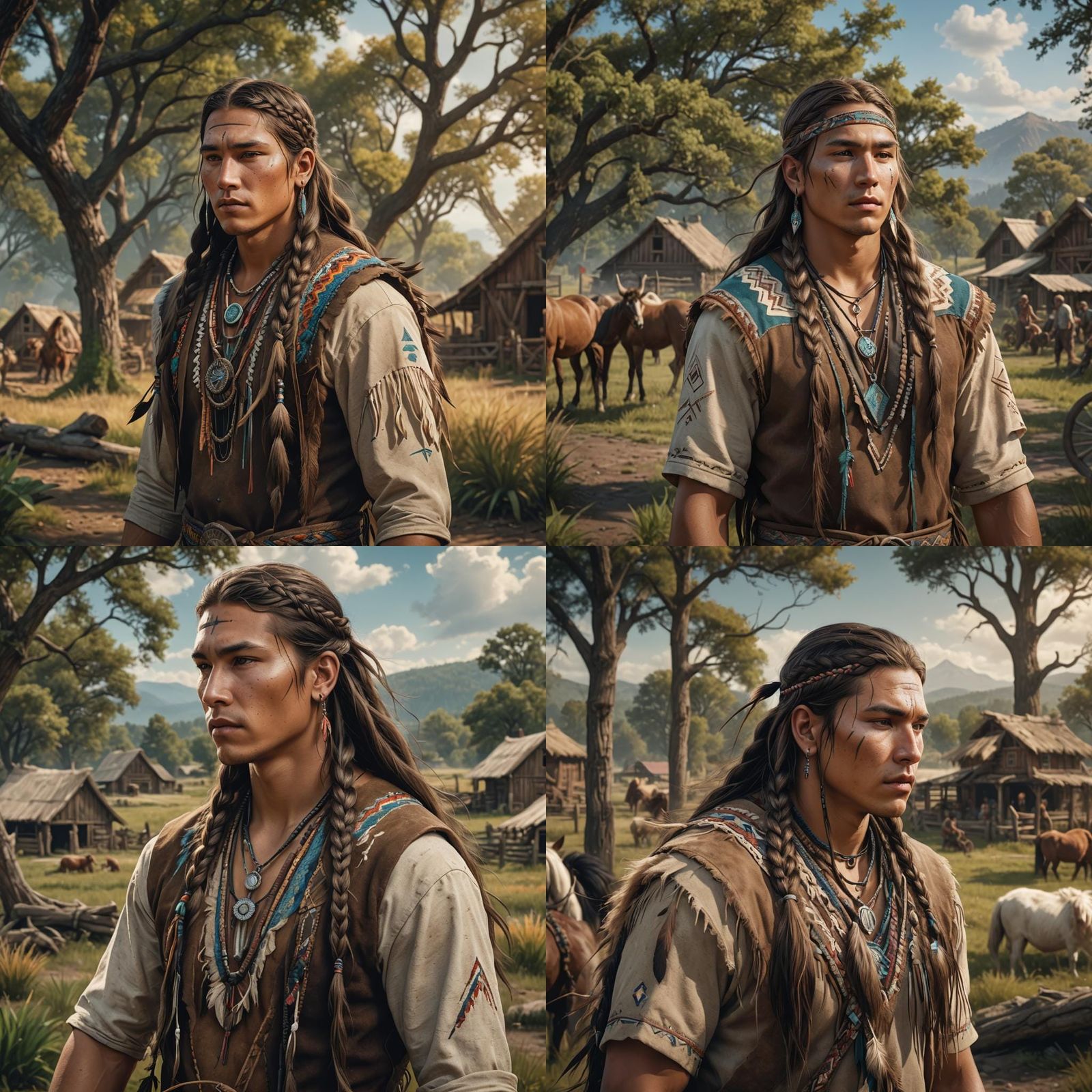 Native American Man Braiding Hair, Detailed Matte Painting