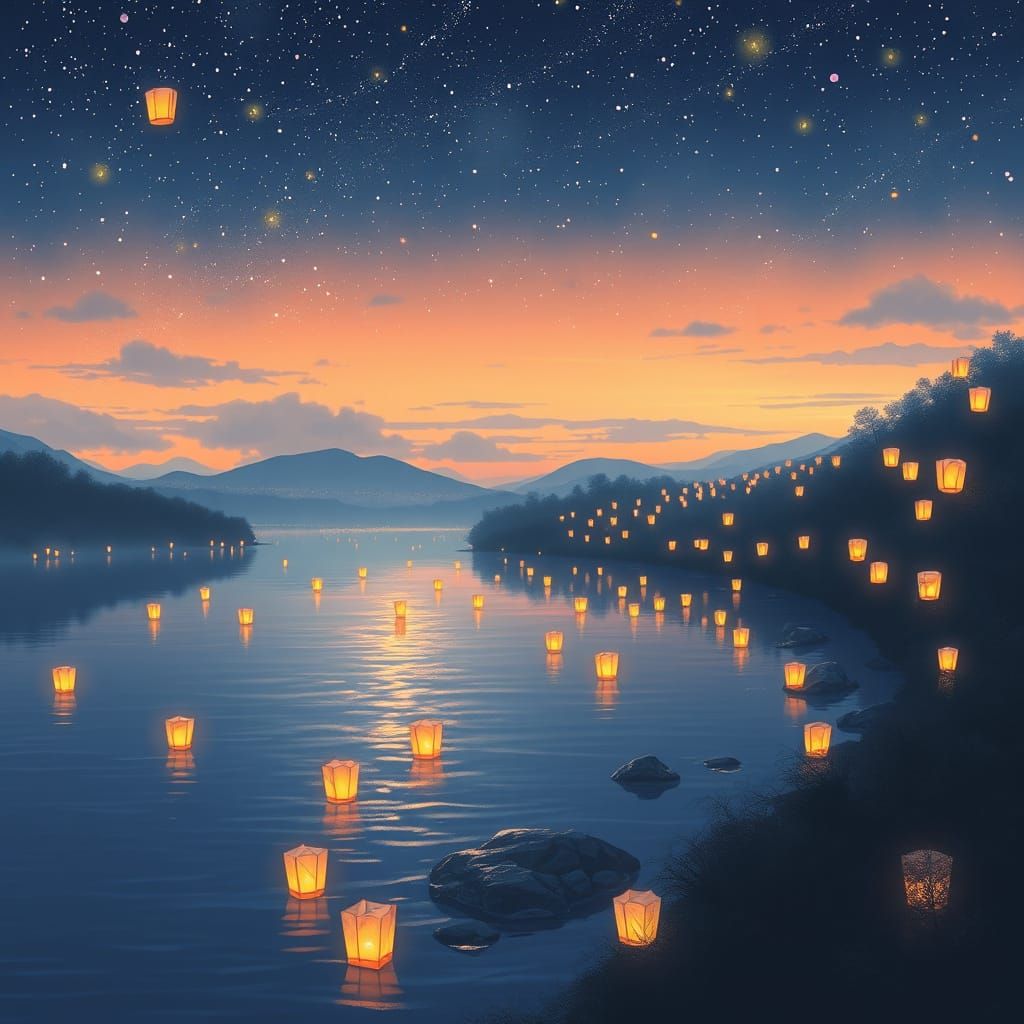 Floating Lanterns on Serene River at Dusk