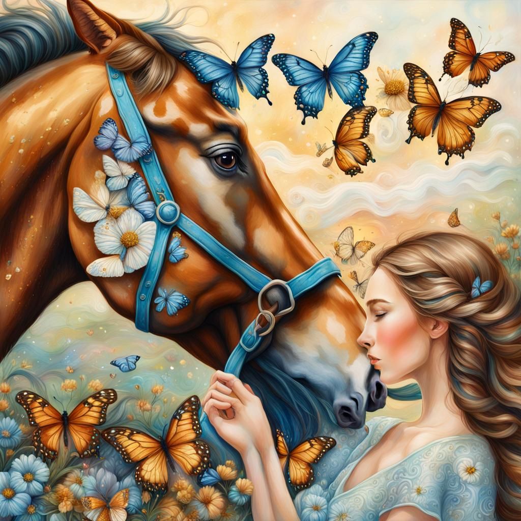 Woman Kisses Horse in Dreamy Fantasy Portrait