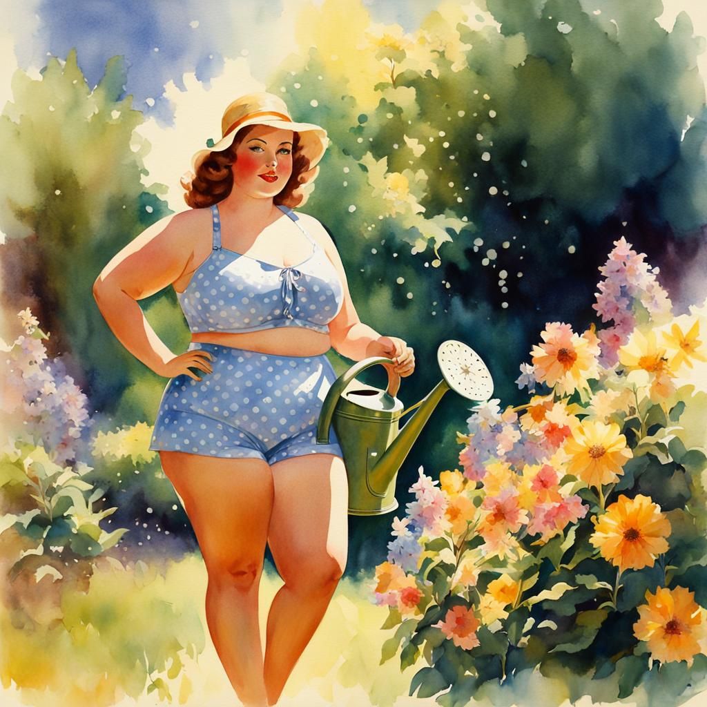 Woman in Garden, Romantic Watercolor Portrait