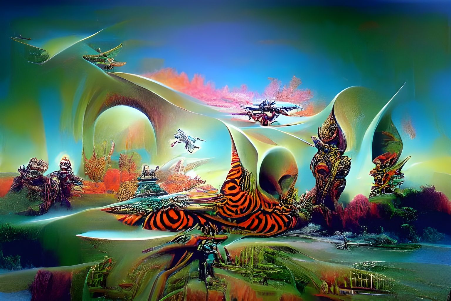 Psychedelic Sci-Fi Landscape in 1970s Surrealist Style