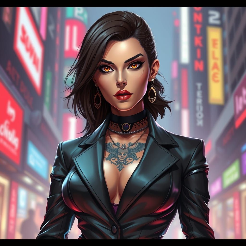 German Mafia Boss Woman in Futuristic Neon Cityscape