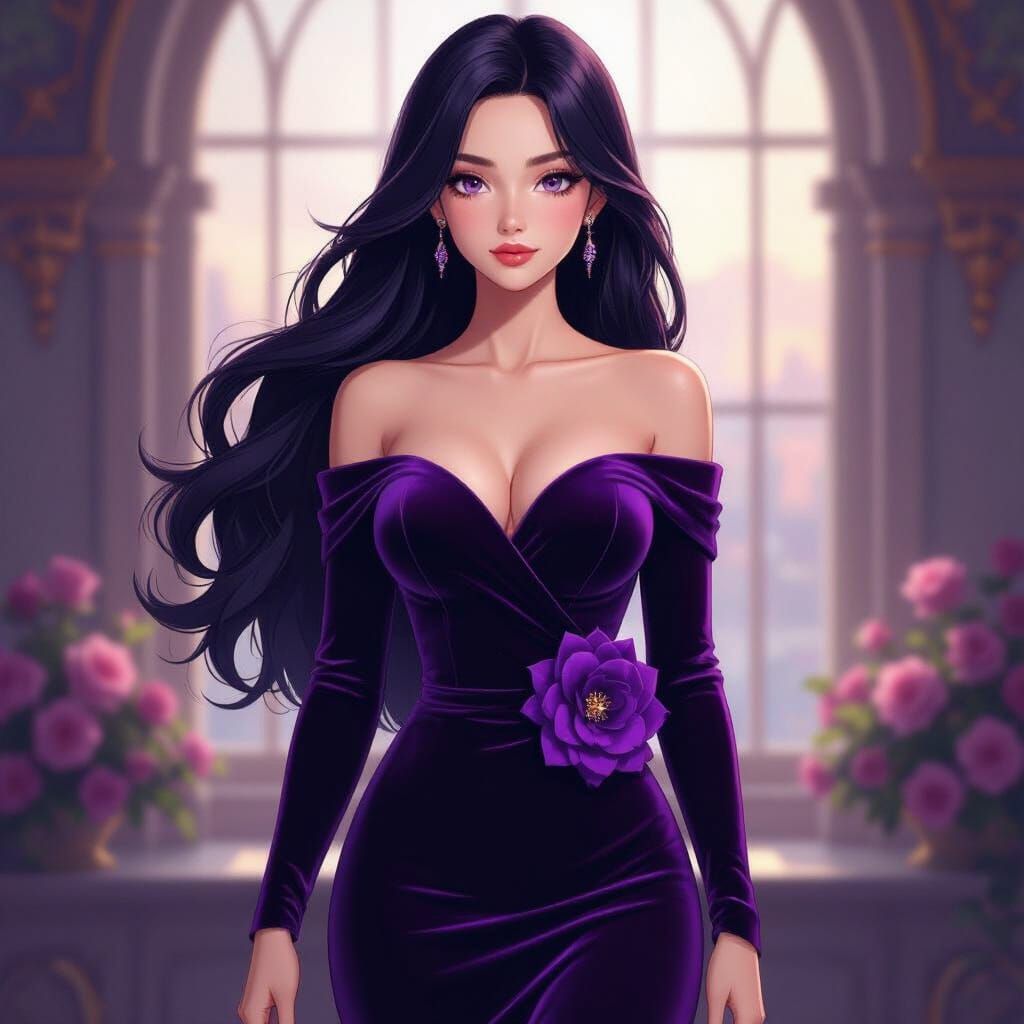 Woman in Purple Velvet Dress with Flower, Anime Style
