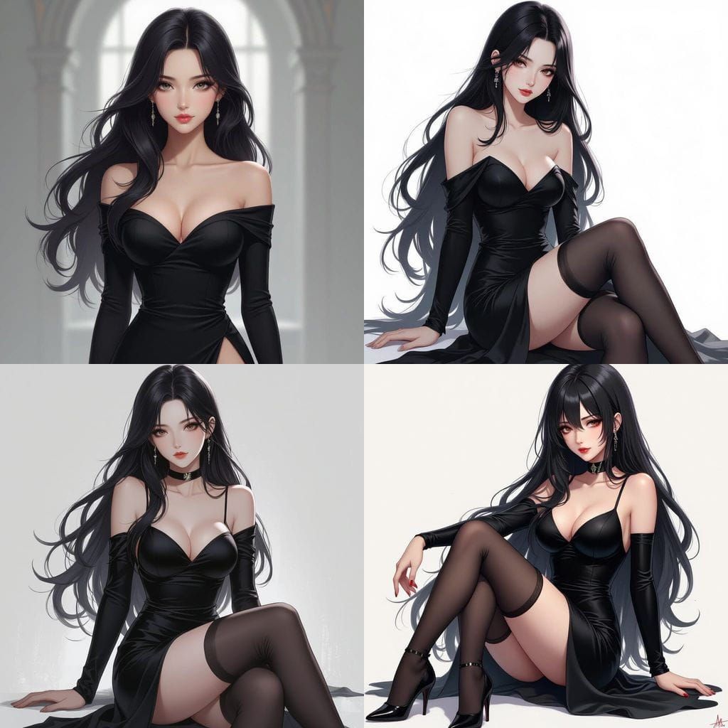 Anime Woman in Black Dress, Melancholic Expression