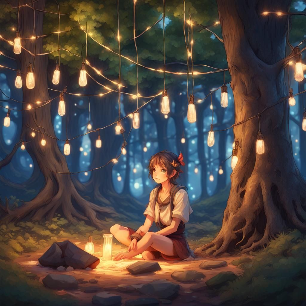 Magical Campsite with Fairy Lights in Anime Style