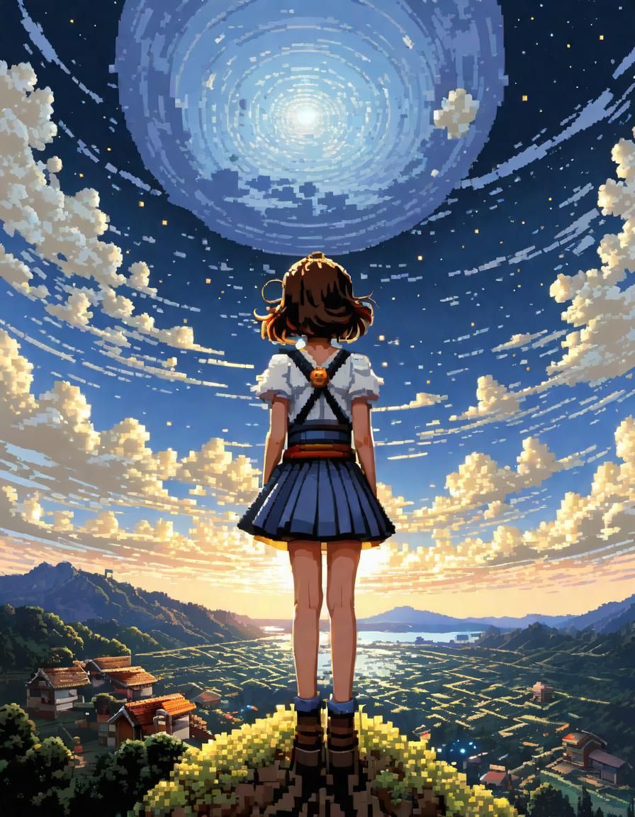 Pixel Art Anime Girl Gazing at Starry Night