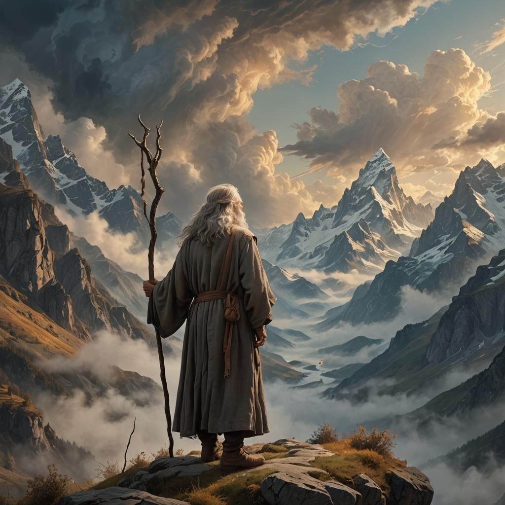 Gandalf on Misty Mountain Peak: Fantasy Realism