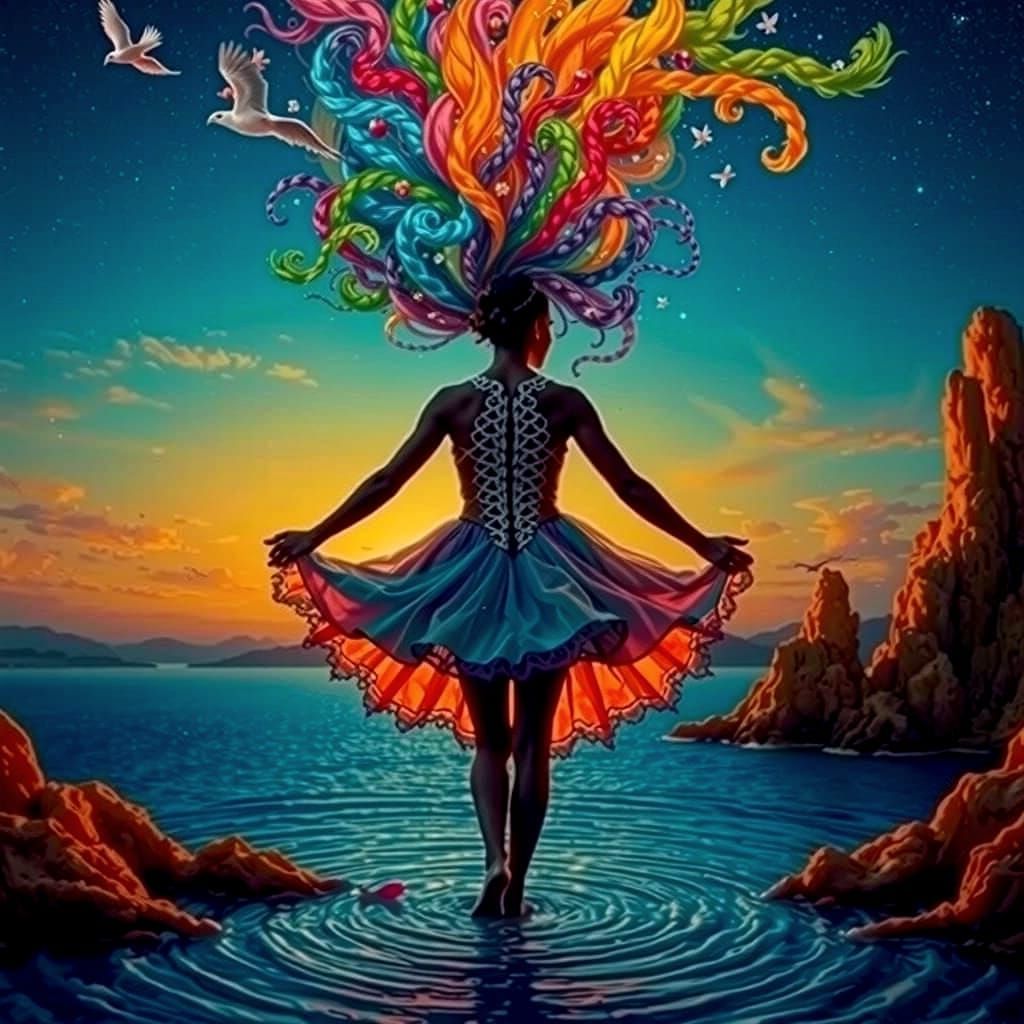 Woman's Rainbow Transformation: Hyperrealistic Dreamscape