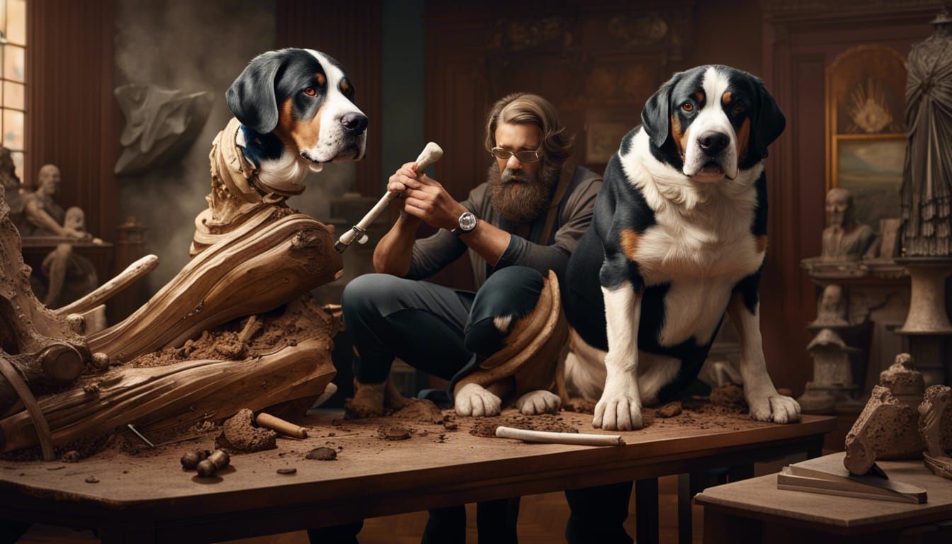 Swiss Mountain Dog Sculpting a Bone Statue