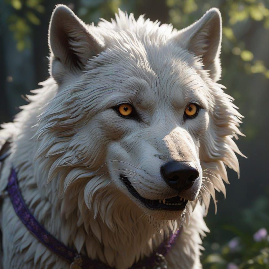 The white wolf stands amidst a mysterious twilight setting, ...