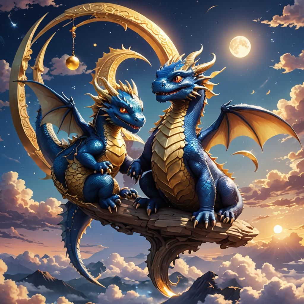 Anime Dragons Play with Sun and Moon in 3D