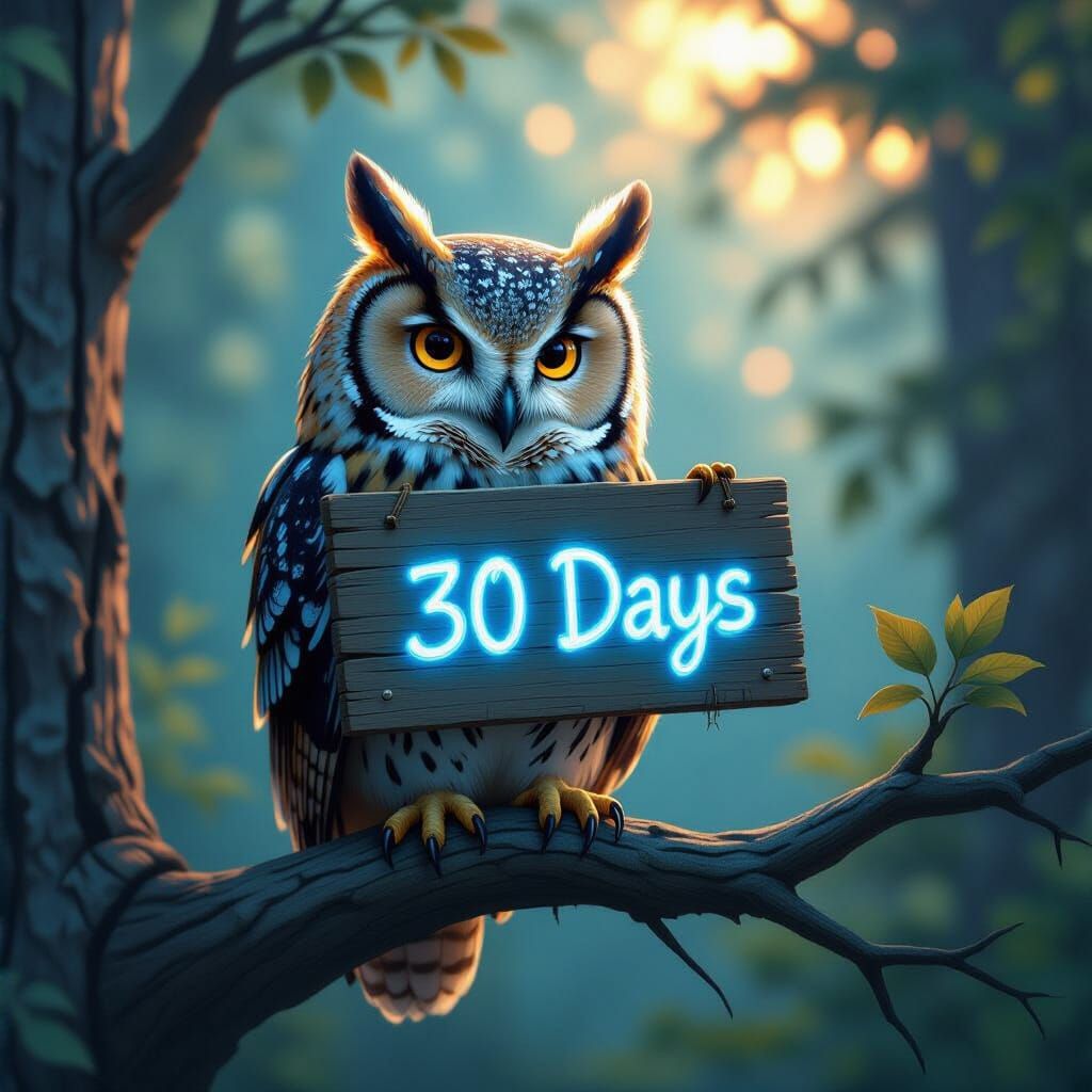 Hyperrealistic Owl Holding Neon Sign in Forest