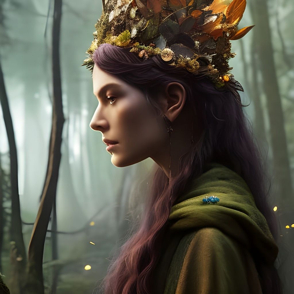 Elf Druid with Forest Crown: Hyperrealistic Portrait