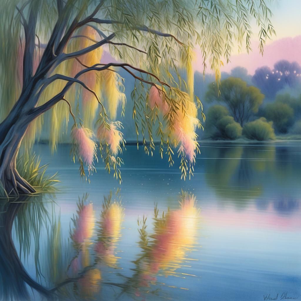 Willow Tree Serenity: Watercolour Impressionist Painting