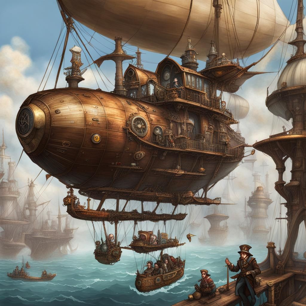 Elves Sailing a Steampunk Living Airship