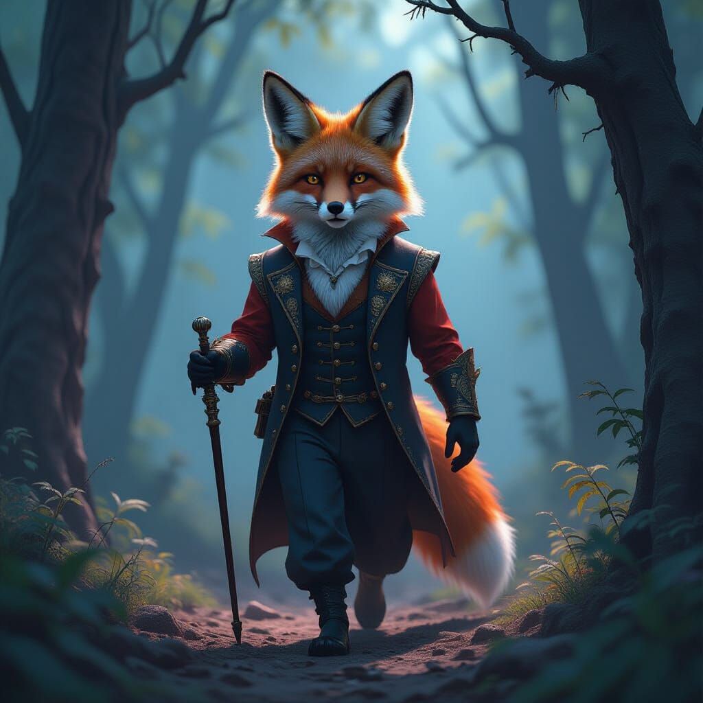 Dignified Fox With Cane in Dark Fantasy Woodland