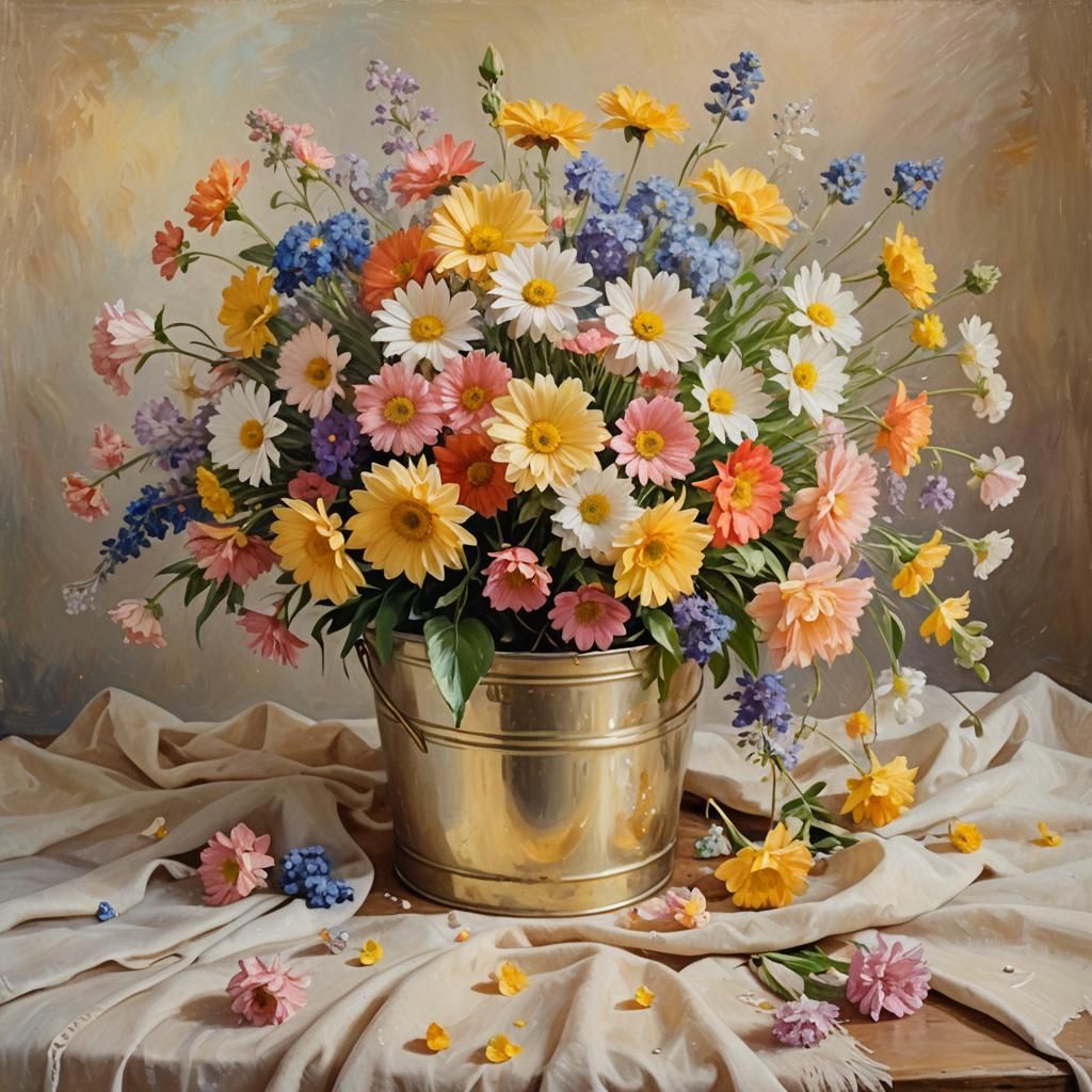 golden bucket full of flowers