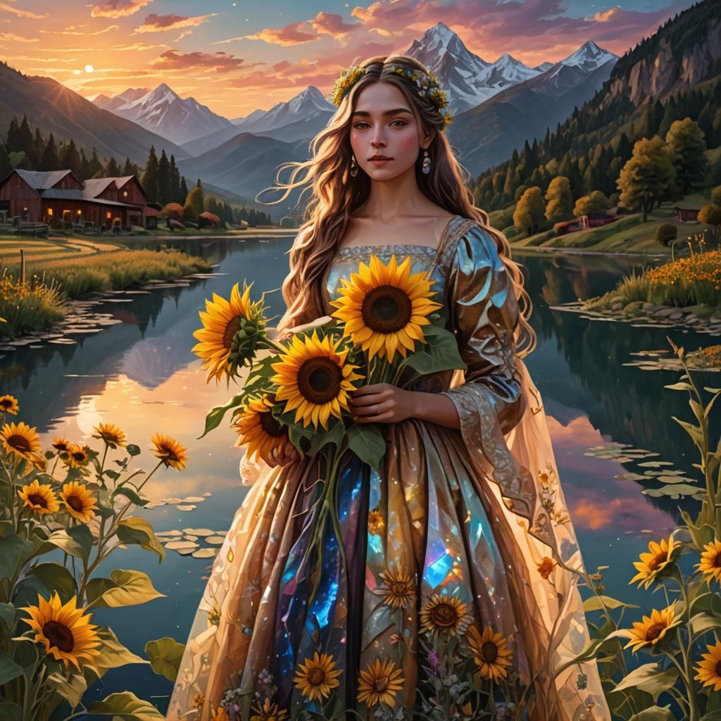 Girl with Sunflower: Holographic Astral Illustration