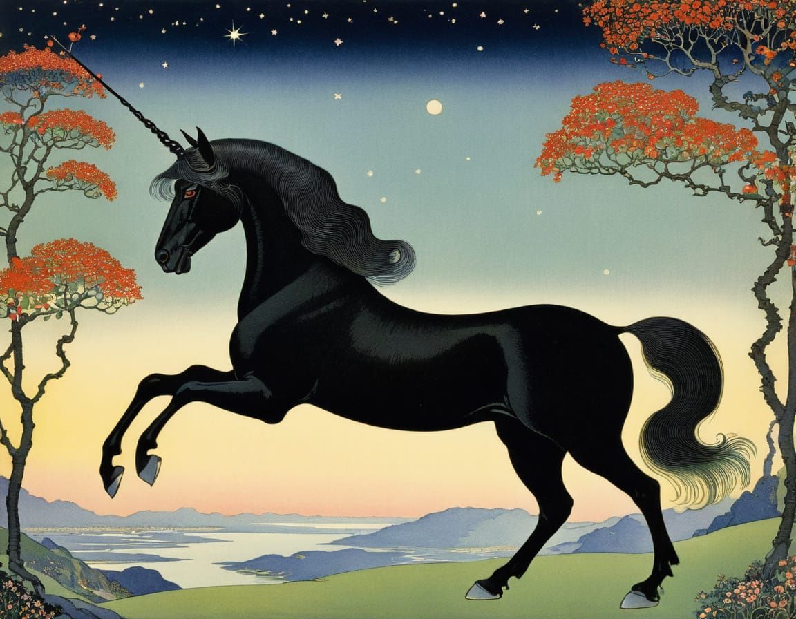Majestic Black Unicorn in Mythical Landscape