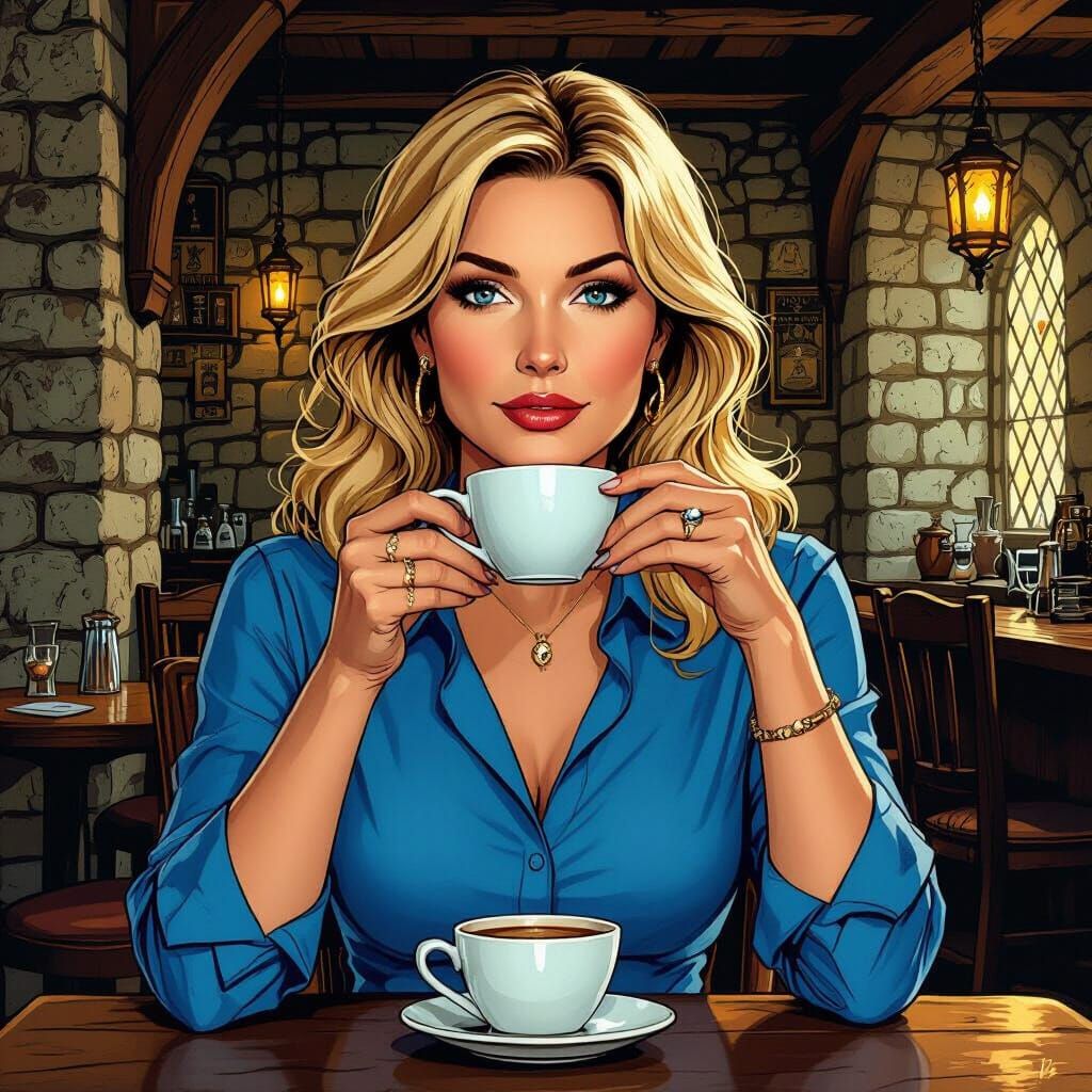 Woman Enjoys Coffee in Medieval Tavern