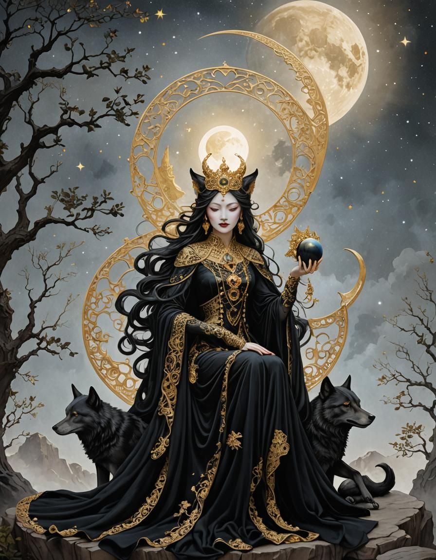 Empress on Crescent Moon with Wolves