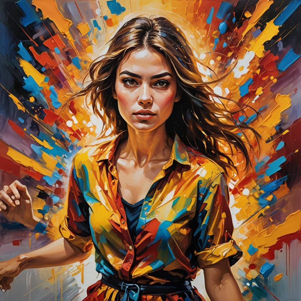 Radiant Woman in Oil Painting with Fierce Expression