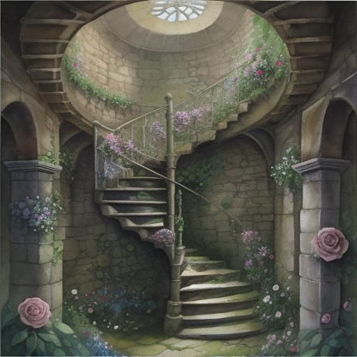 Enchanted Stone Staircase in Medieval Tower Watercolour