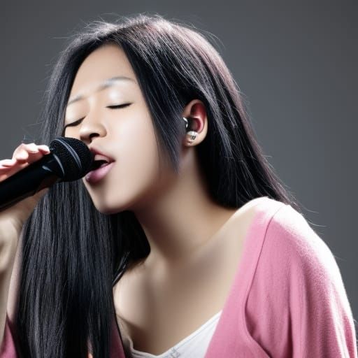 Japanese Woman Singing with Eyes Closed