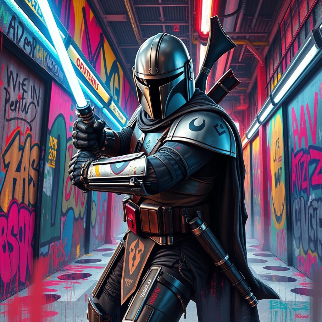 Mandalorian Warrior in Vibrant Urban Landscape