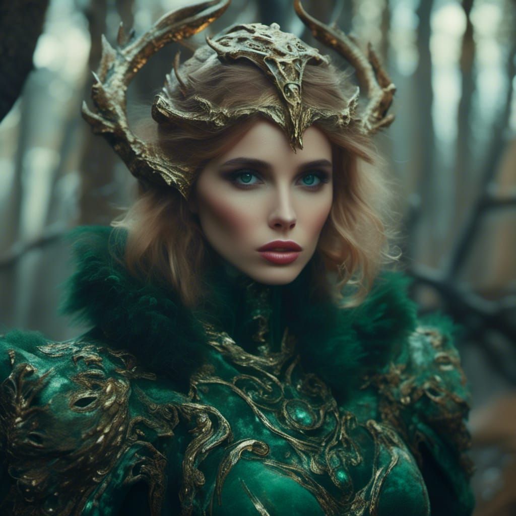 Glamorous Girl with Dark Green Eyes in Film Still