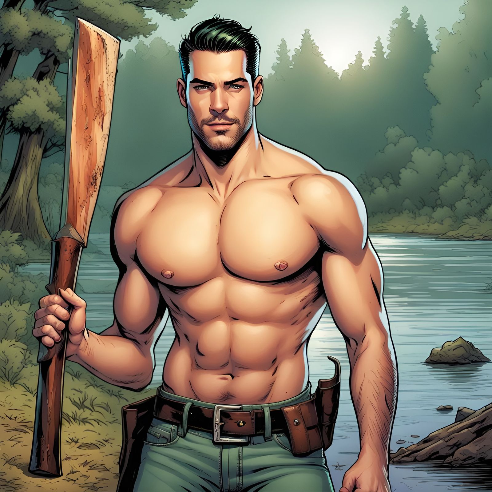 Handsome Man with Hatchet on Lakeshore, Comic Art