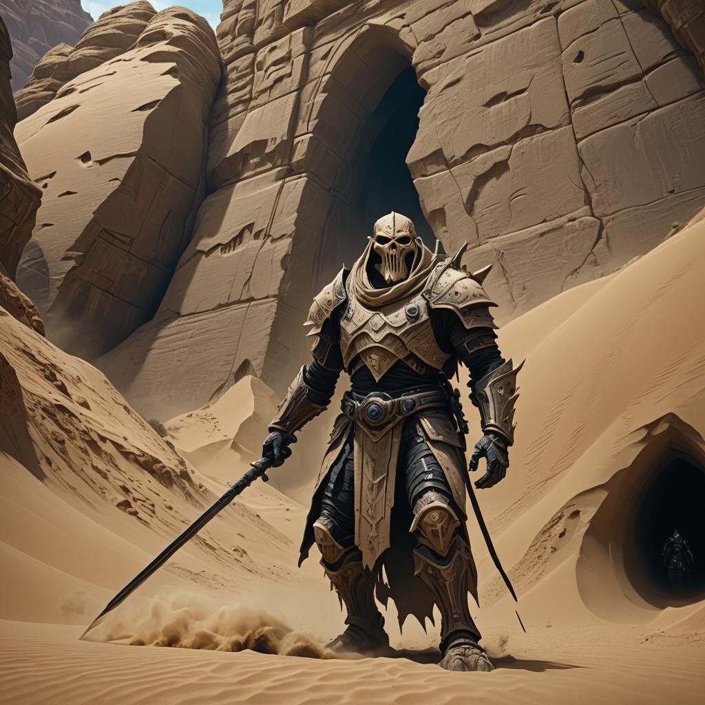 Sand Golem with Spear in Desert Tunnel
