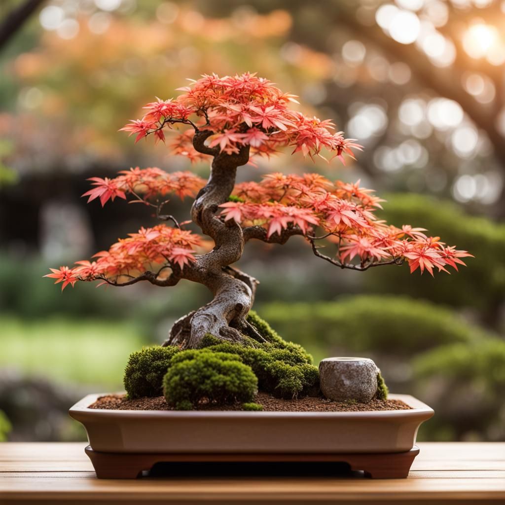 Hyperrealistic Maple Bonsai in Japanese Garden Setting