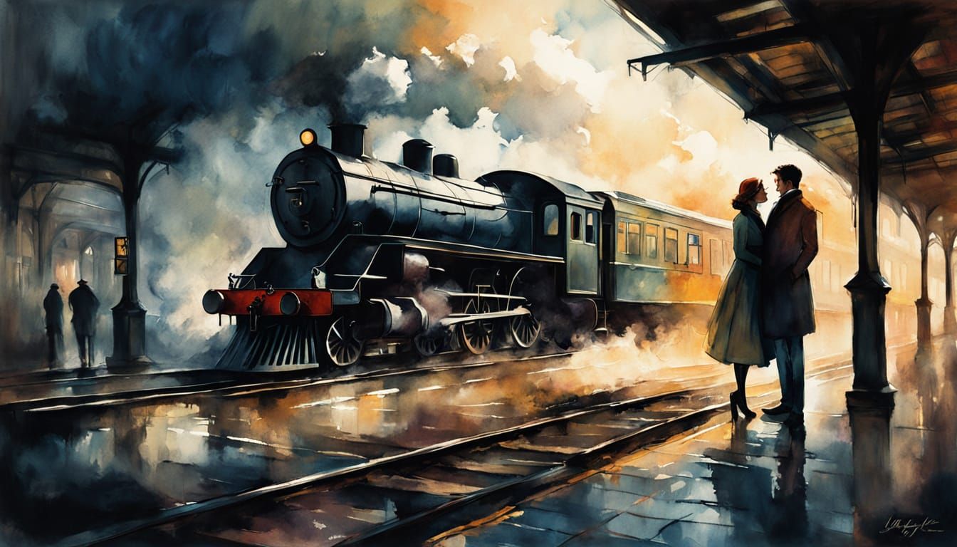 Whispers of Love at the Train Station in Dreamy Watercolor