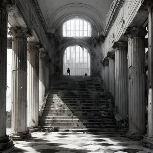 Gothic Model in Decaying Coffee Shop: Black and White Photo