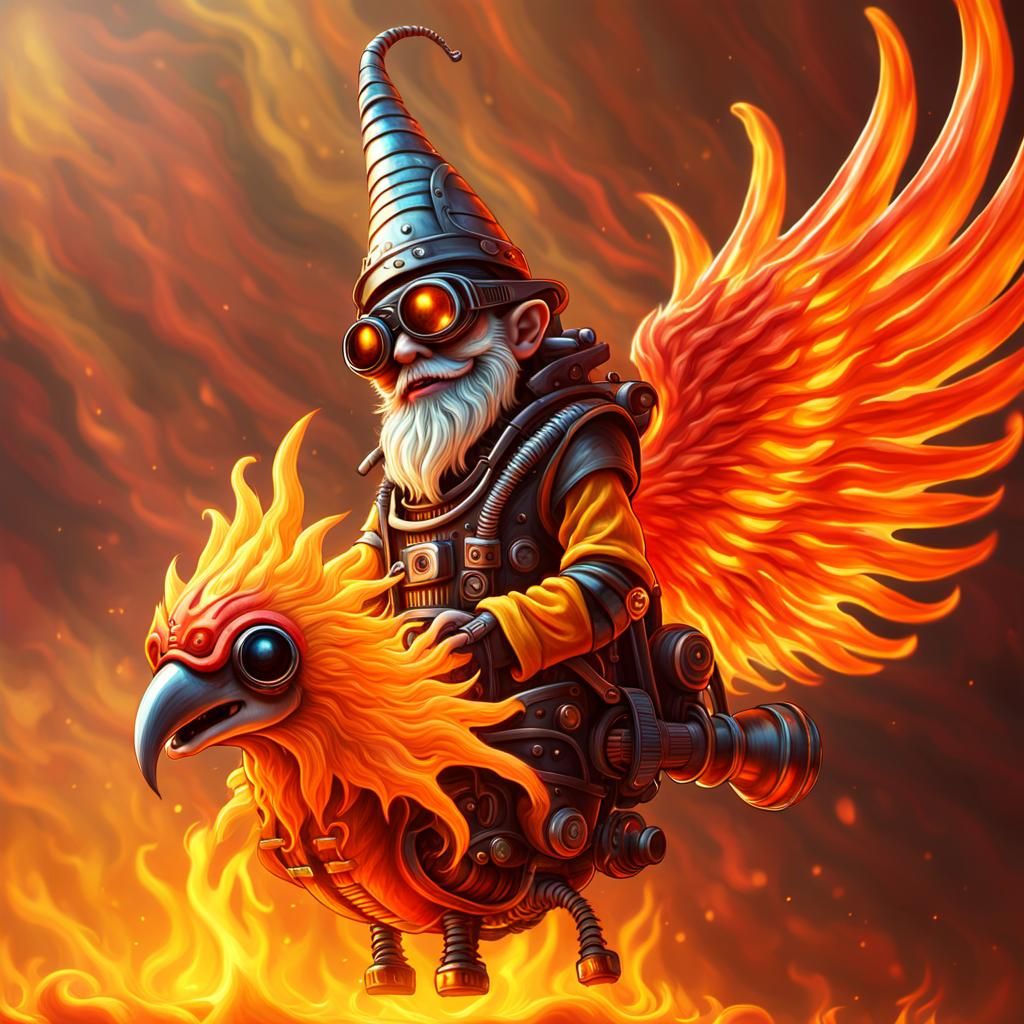 Giger-Inspired Gnome Rides a Phoenix of Flames