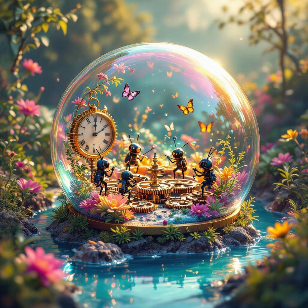 Miniature World Inside Soap Bubble, 3D Graphics