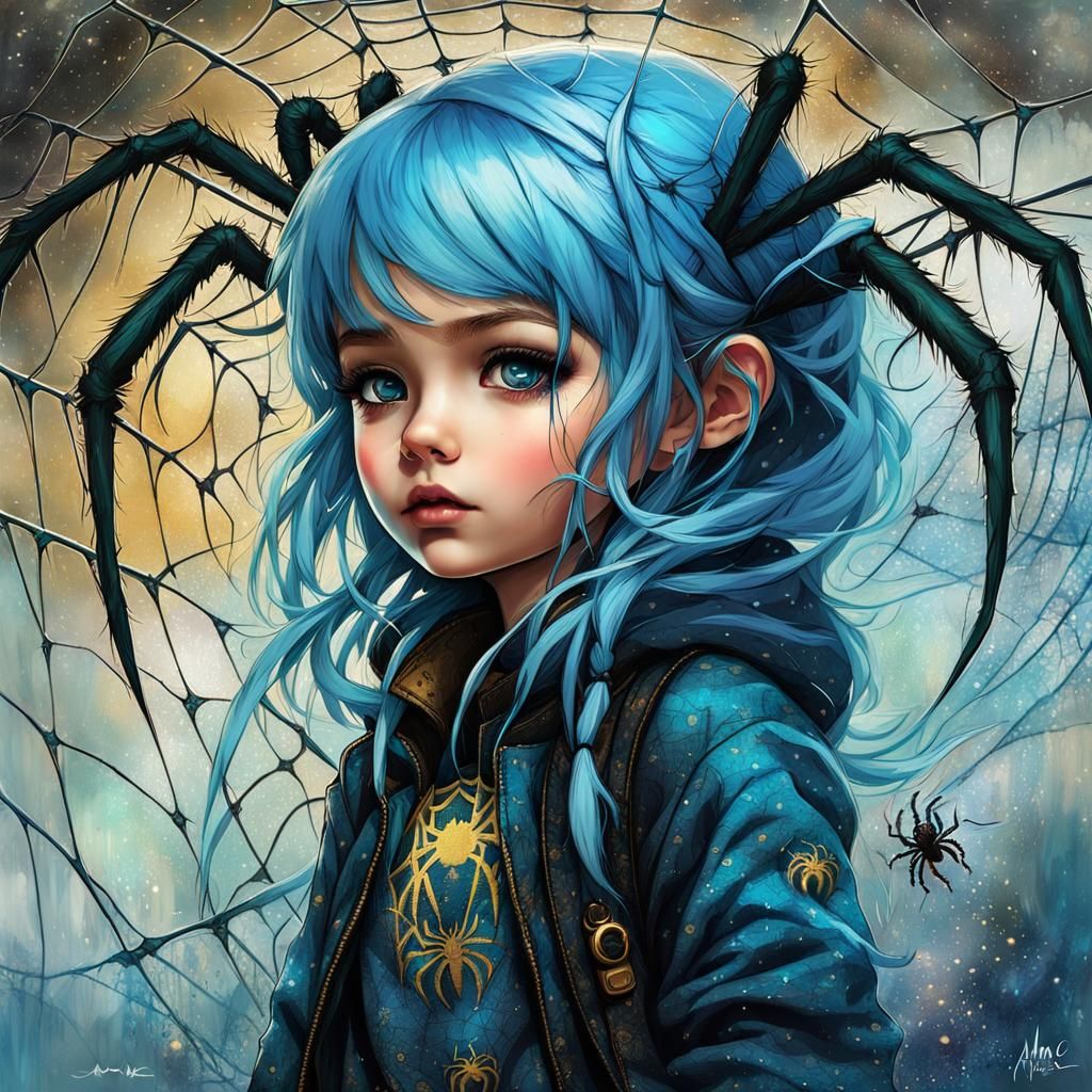 Chibi Girl in Spiderwebs: Vibrant Digital Art