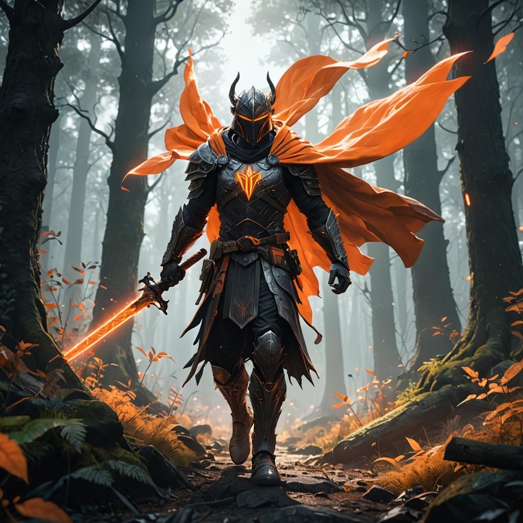 Neon Warrior with Sword in Dreamy Forest