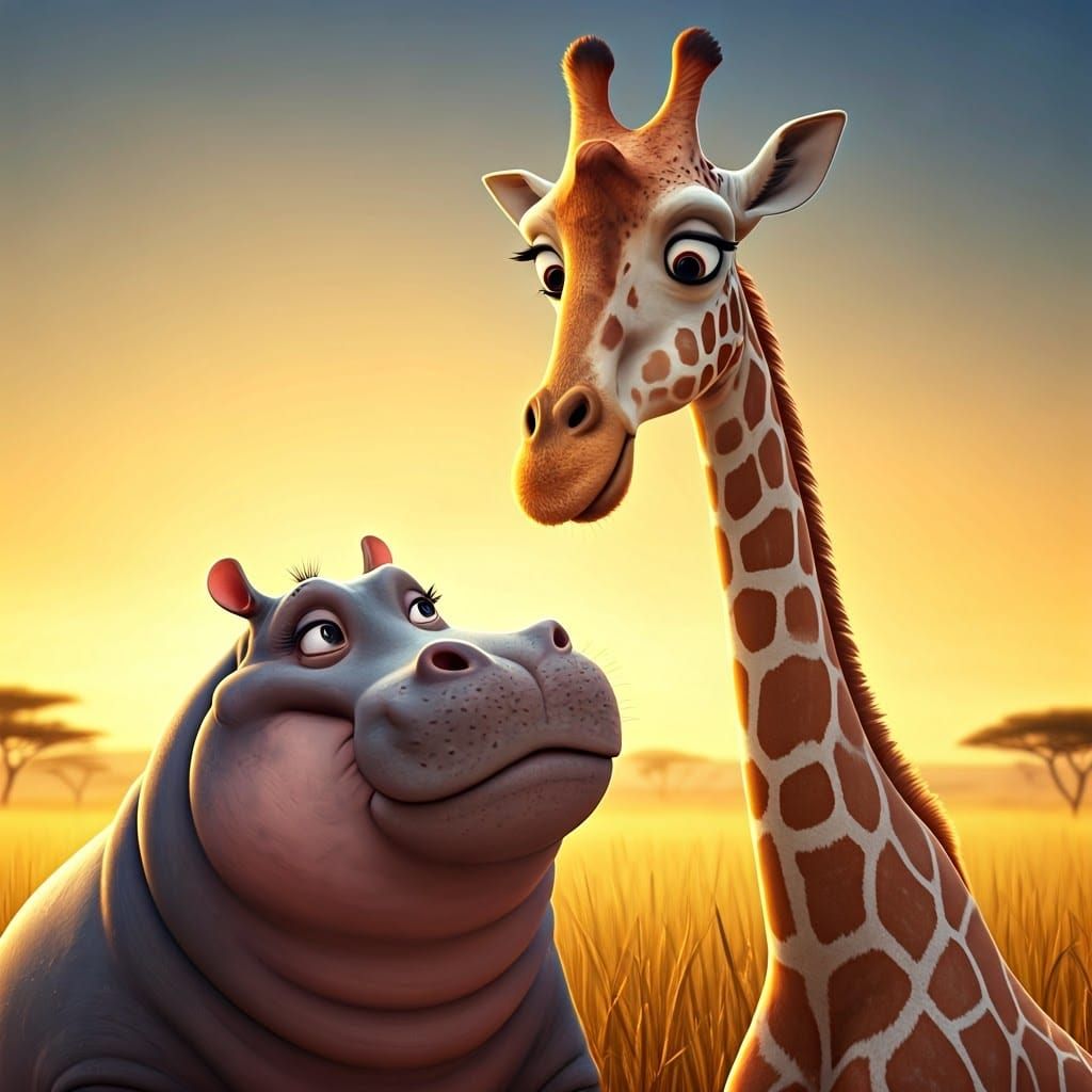 Giraffe and Hippo Love in a Vibrant African Sunset