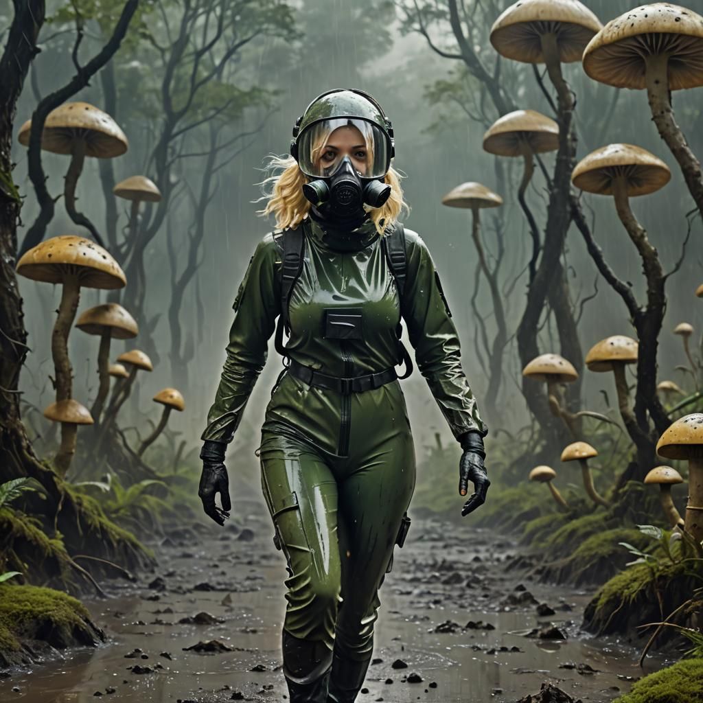 Woman in Latex Suit Amidst Giant Mushrooms