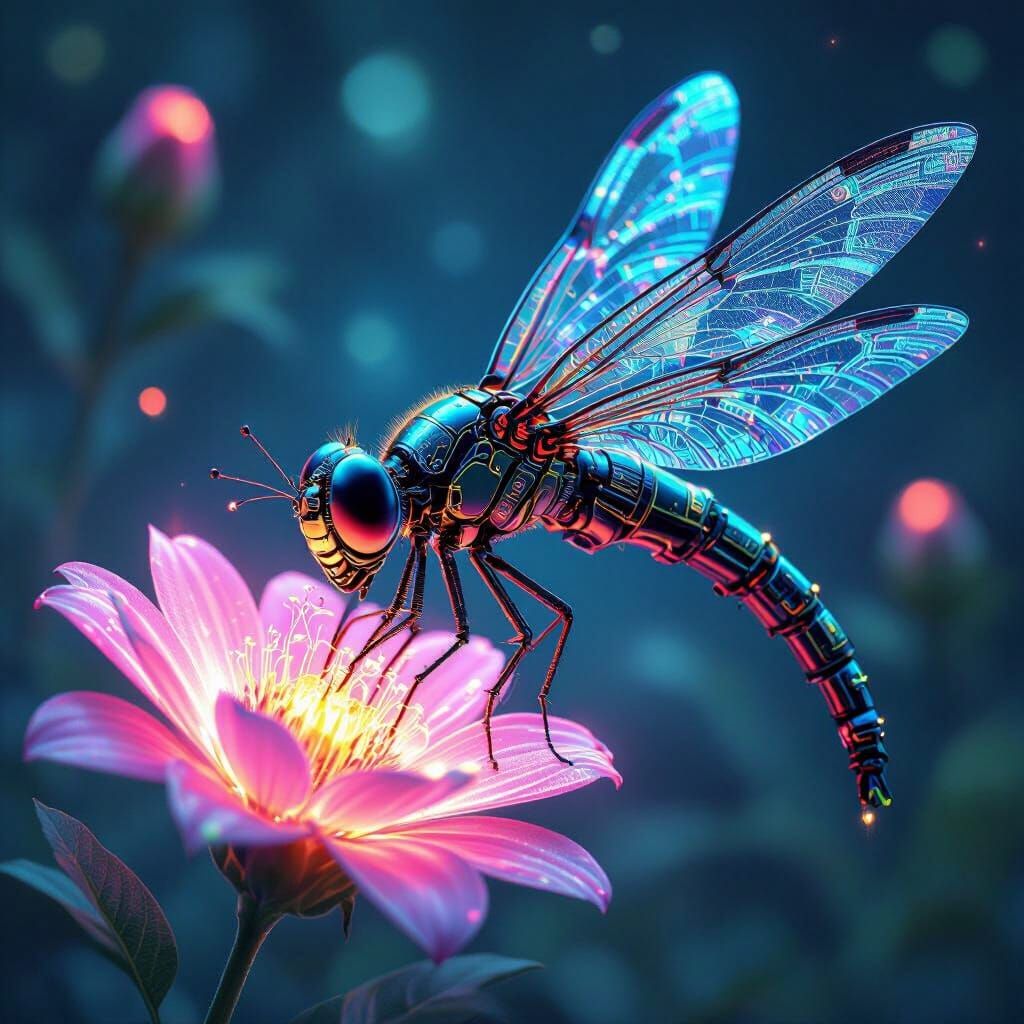 Steampunk Robot Dragonfly Sips Nectar, Digital Art
