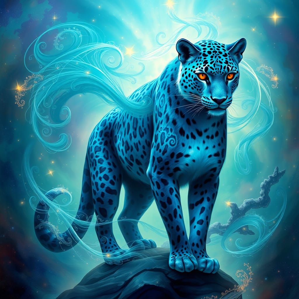 Blue Leopard King in a Vibrant Ethereal Realm