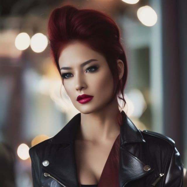 Striking Woman with Red Hair and Leather Jacket