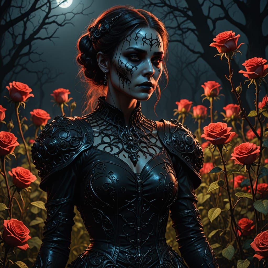 Dark Fantasy Maiden in Rose and Skull Field