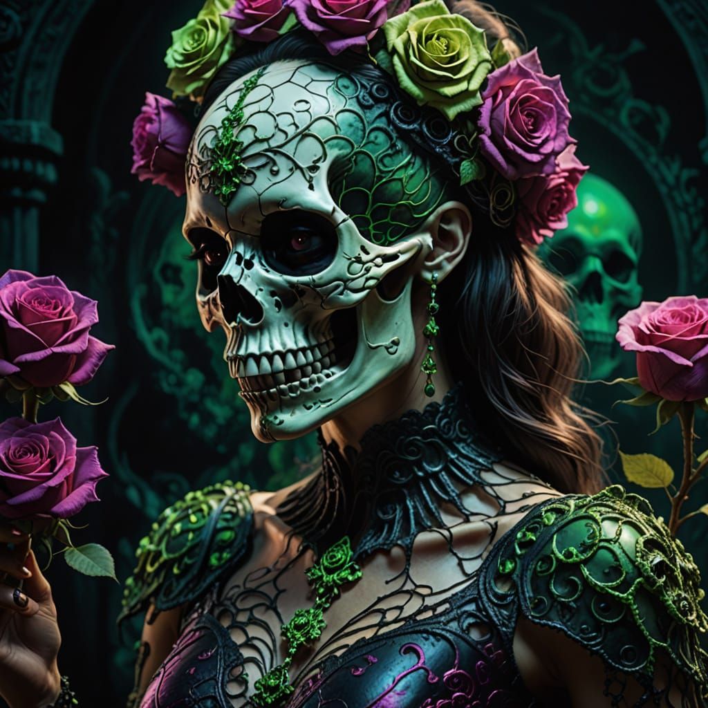 Rose Adorned Skull in Dark Fantasy Style