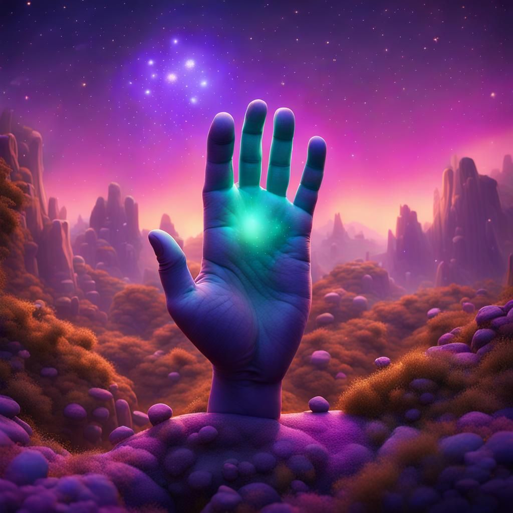 Hand Touching Purple Sky with Stars in Cartoon Style