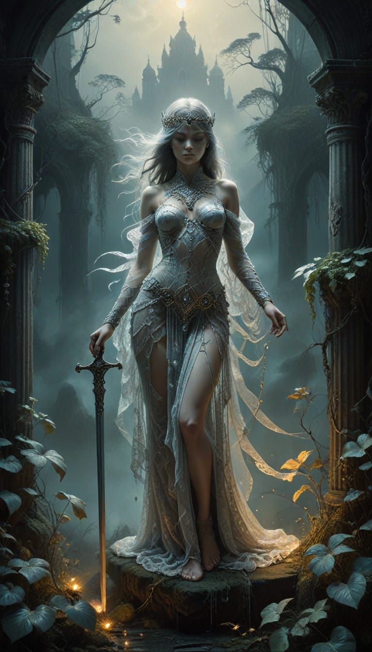 Majestic Elven Goddess of Justice in Enchanted Temple