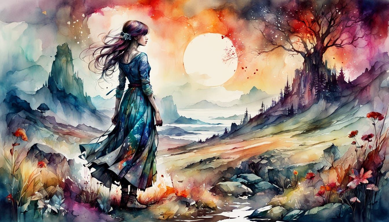 Mystical Figure in Watercolor Landscape Illustration