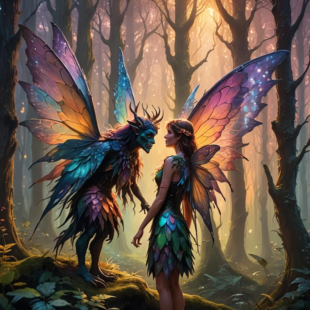 Monster Befriends Fairy in Mystical Forest Painting